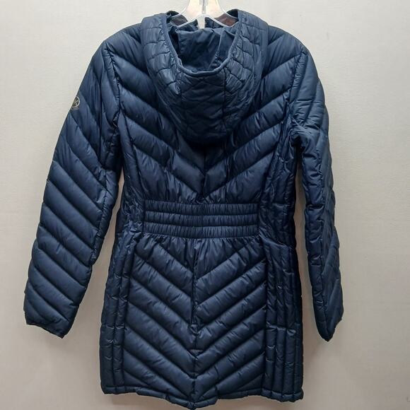 Michael Kors Hooded Quilted Packable Down Long Puffer Jacket Blue Medium FLAWS - Picture 2 of 9